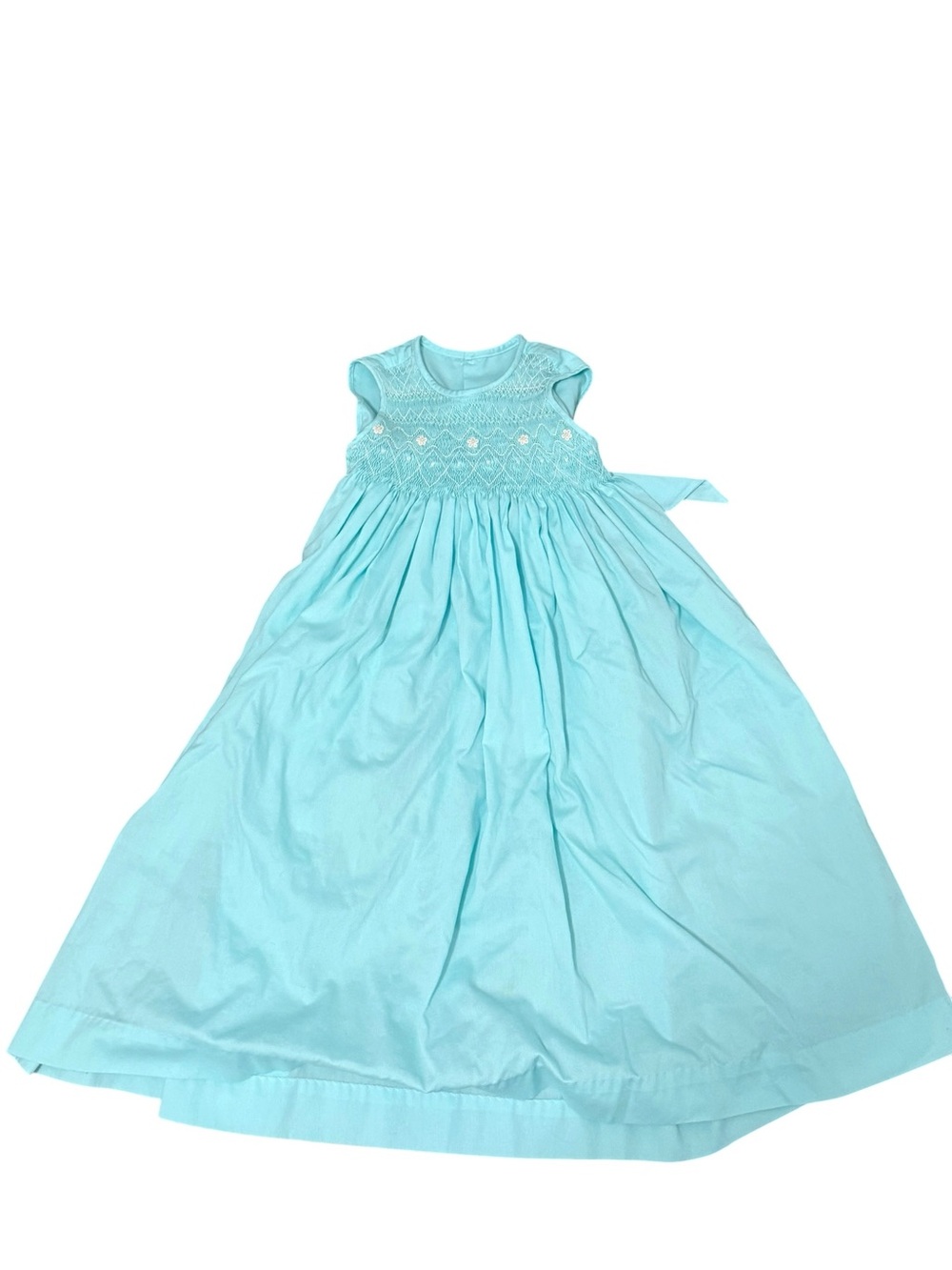 Vintage Style Girls Blue Smocked Dress Sleeveless Floral Embroidery Sash Back